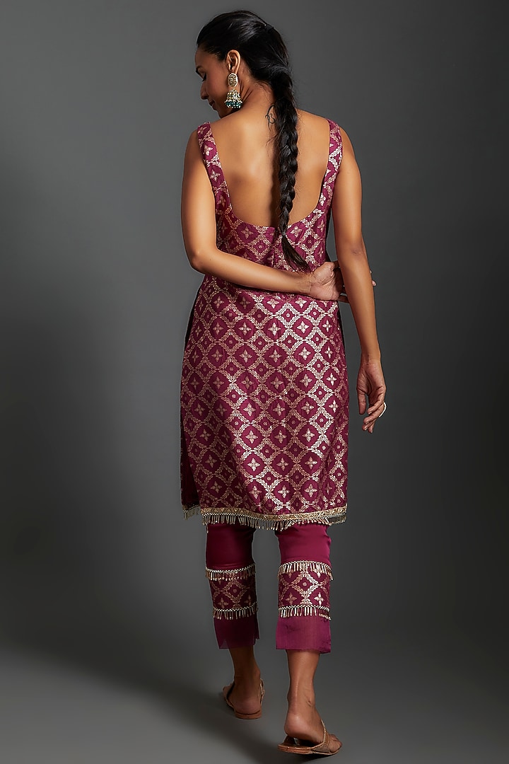 Plum Purple Brocade Printed Kurta Set by Monk & Mei at Pernia's Pop Up Shop