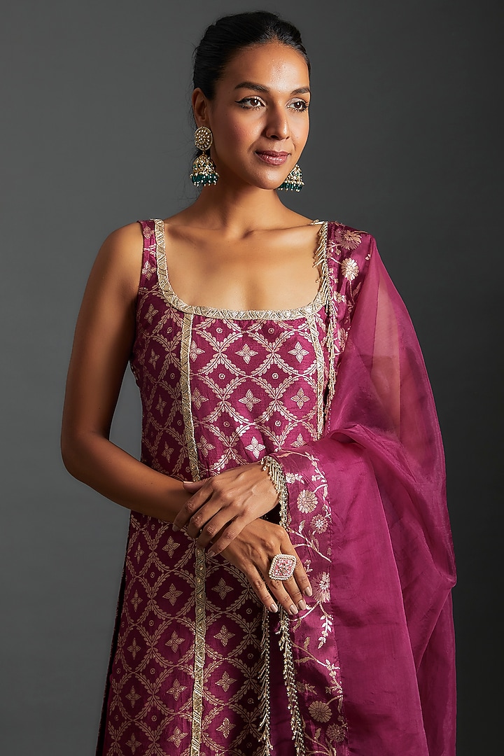 Plum Purple Brocade Printed Kurta Set by Monk & Mei at Pernia's Pop Up Shop