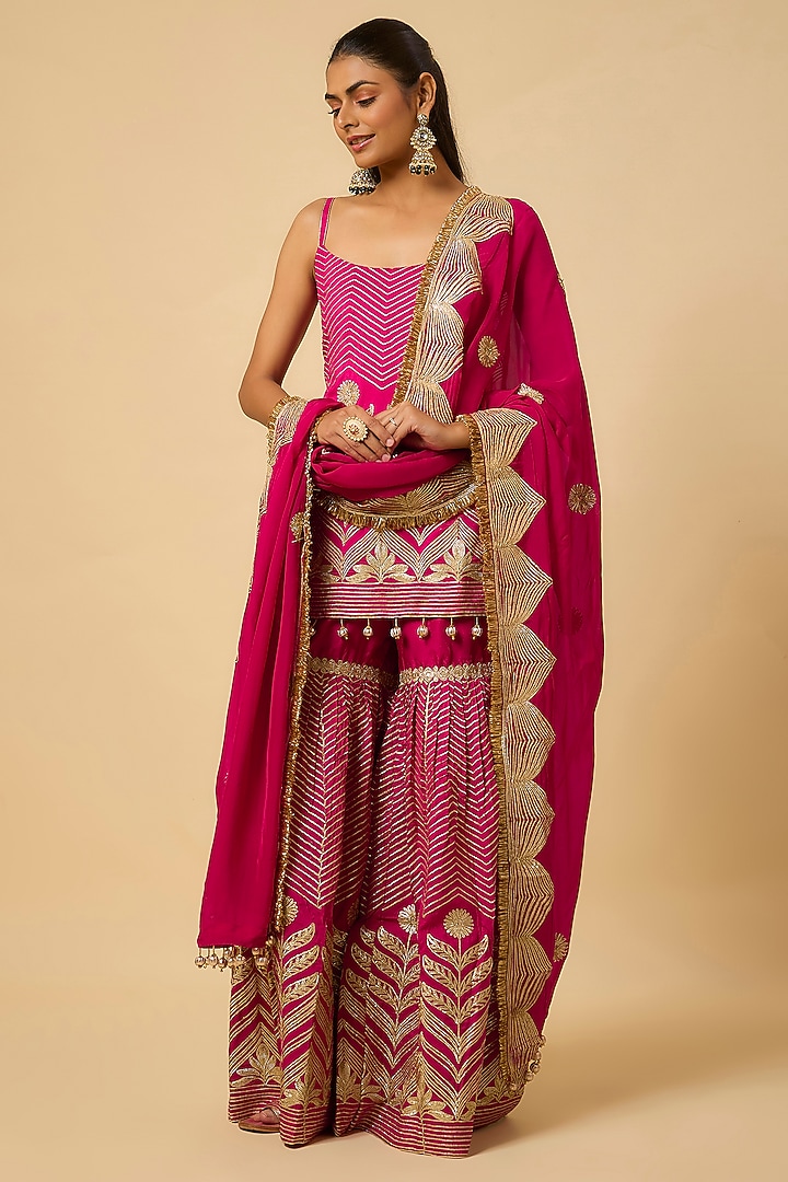 Rani Pink Silk Gota Embellished Party Wear Sharara Set by Monk & Mei at Pernia's Pop Up Shop