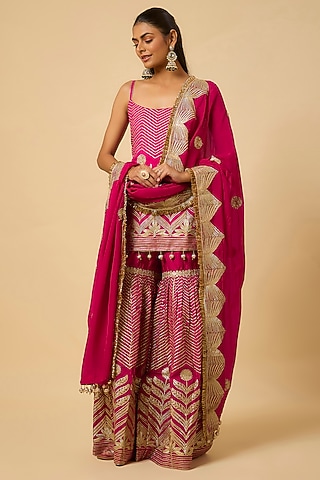 Rani Pink Silk Gota Embellished Sharara Set by Monk & Mei
