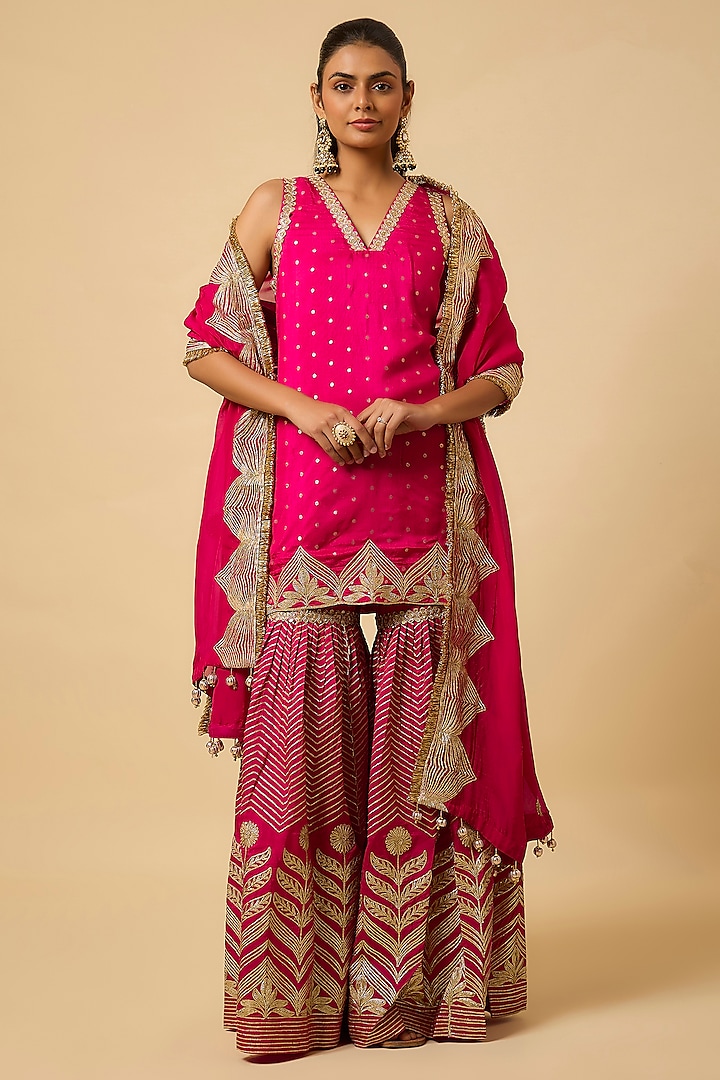 Rani Pink Silk Gota Embellished Party Wear Sharara Set by Monk & Mei at Pernia's Pop Up Shop