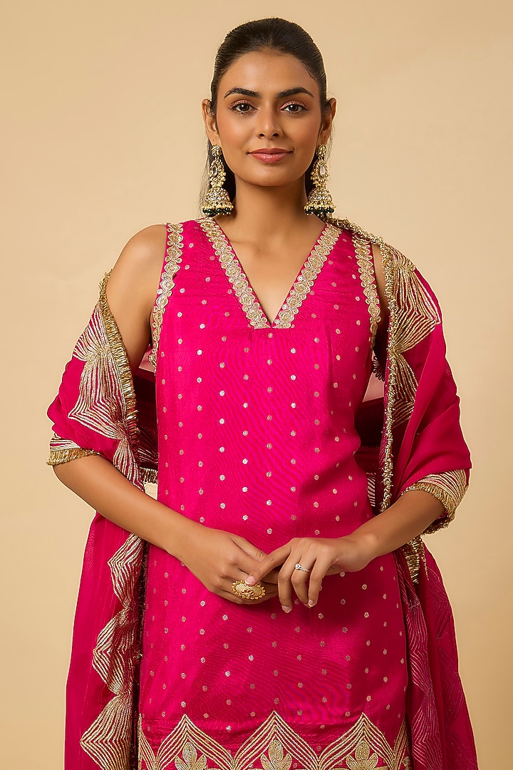Rani Pink Silk Gota Embellished Party Wear Sharara Set by Monk & Mei at Pernia's Pop Up Shop