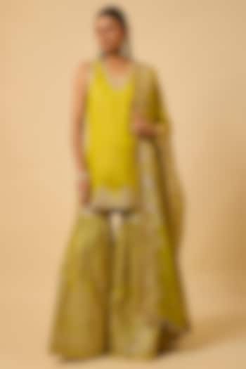 Mustard Yellow Silk Gota Embellished Party Wear Sharara Set by Monk & Mei at Pernia's Pop Up Shop