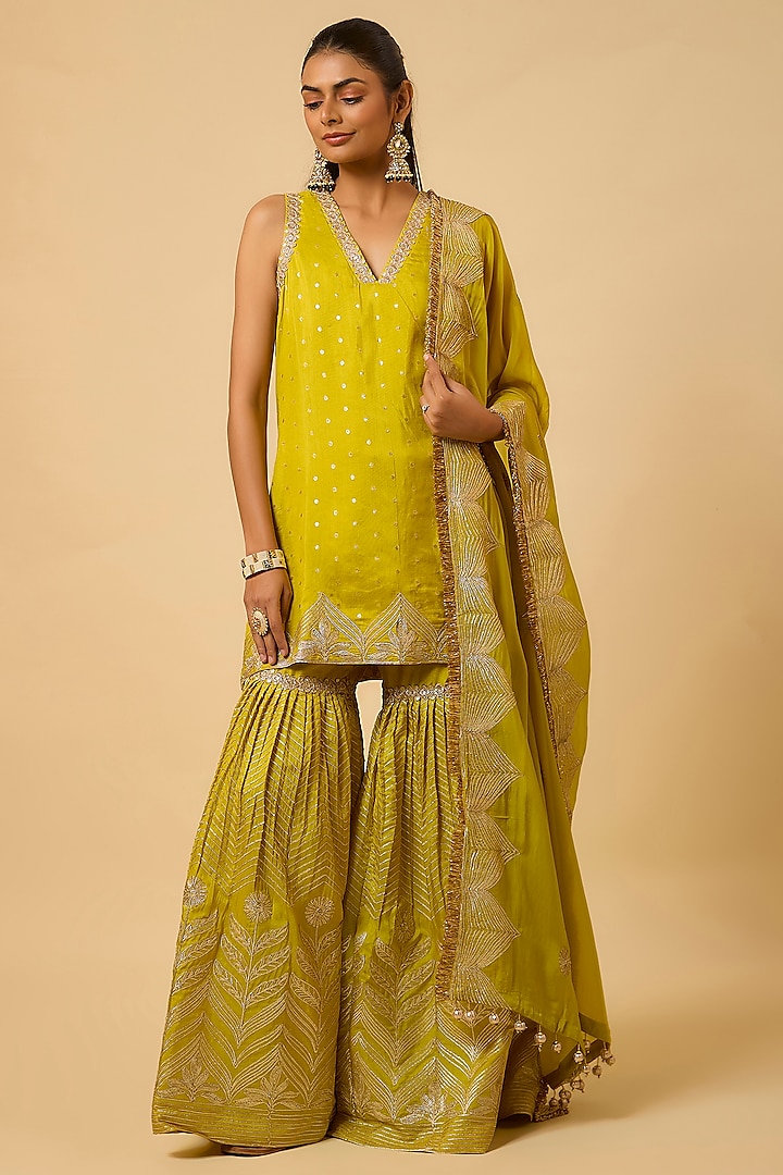 Mustard Yellow Silk Gota Embellished Party Wear Sharara Set by Monk & Mei at Pernia's Pop Up Shop