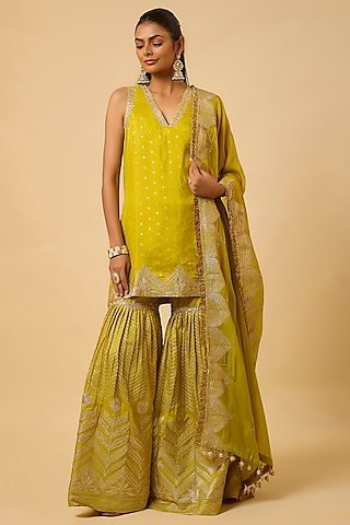 Mustard Yellow Silk Gota Embellished Sharara Set by Monk & Mei