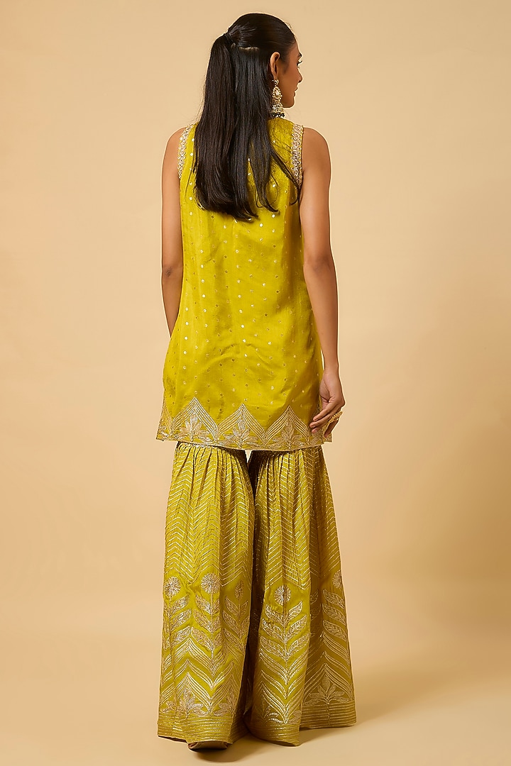Mustard Yellow Silk Gota Embellished Party Wear Sharara Set by Monk & Mei at Pernia's Pop Up Shop