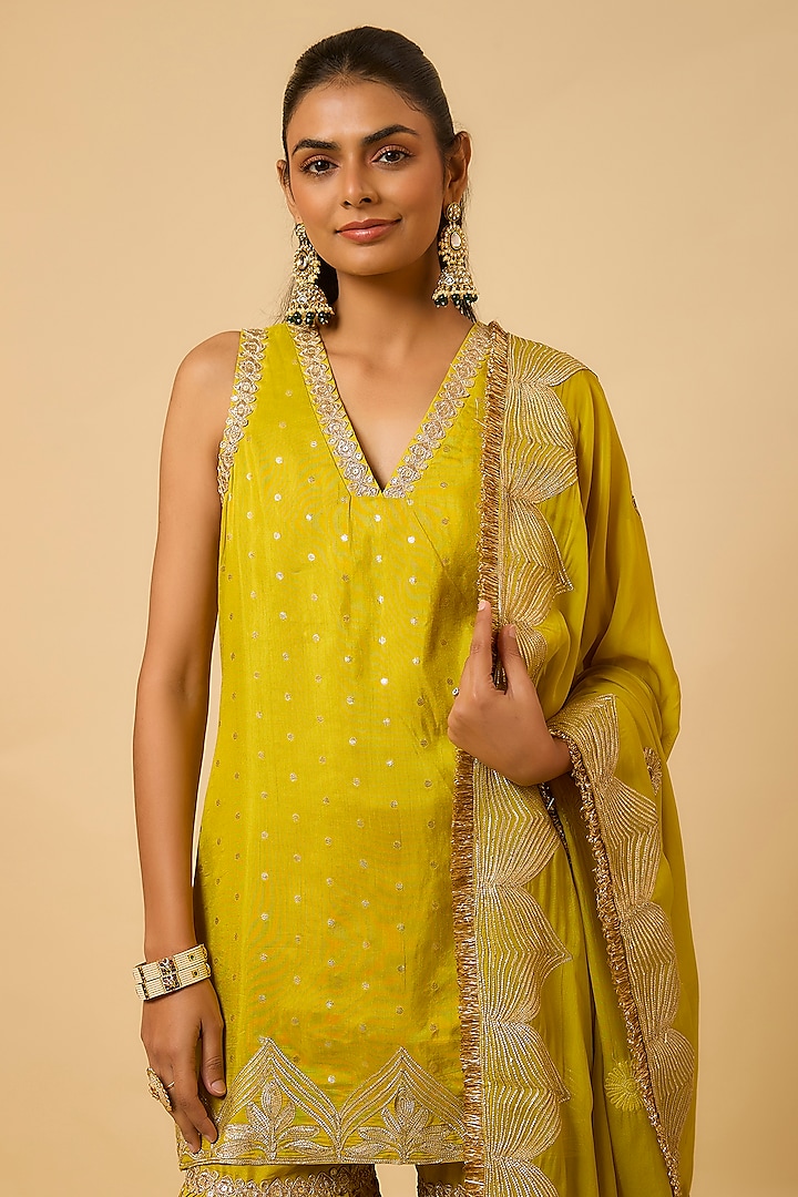 Mustard Yellow Silk Gota Embellished Party Wear Sharara Set by Monk & Mei at Pernia's Pop Up Shop