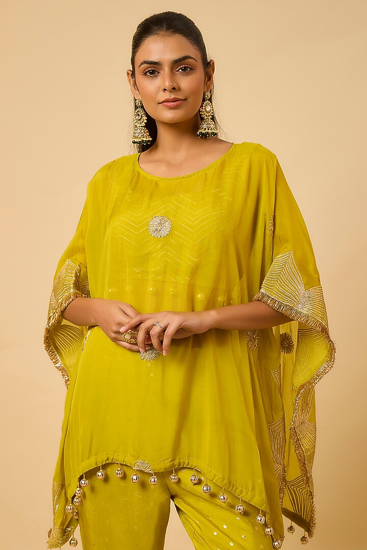 Mustard Yellow Organza Gota Embellished Cape Set by Monk & Mei at Pernia's Pop Up Shop