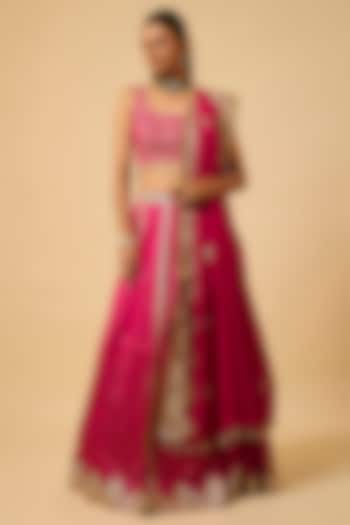 Rani Pink Silk Gota Embroidered Lehenga Set by Monk & Mei at Pernia's Pop Up Shop