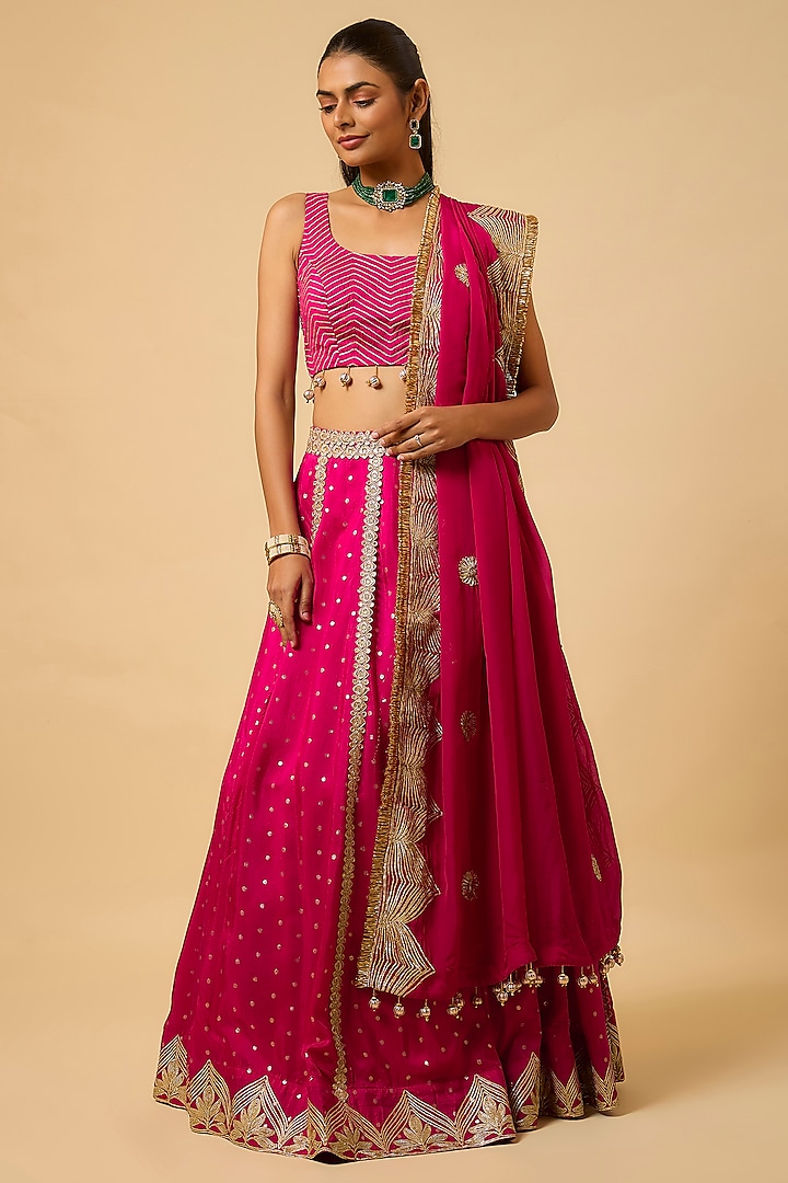 Rani Pink Silk Gota Embroidered Lehenga Set by Monk & Mei at Pernia's Pop Up Shop