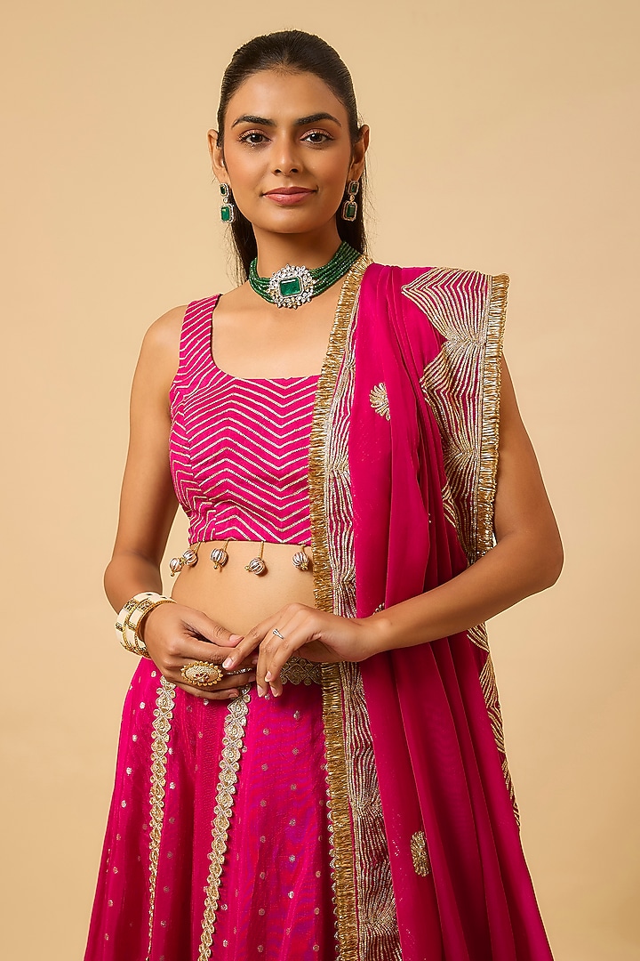 Rani Pink Silk Gota Embroidered Lehenga Set by Monk & Mei at Pernia's Pop Up Shop