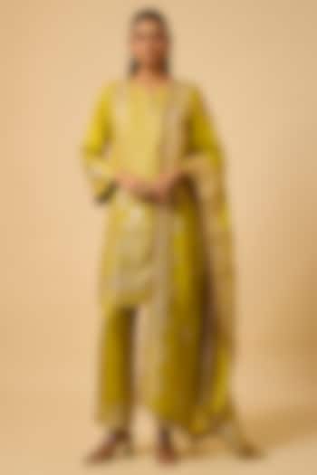 Mustard Yellow Silk Gota Embroidered Kurta Set by Monk & Mei at Pernia's Pop Up Shop