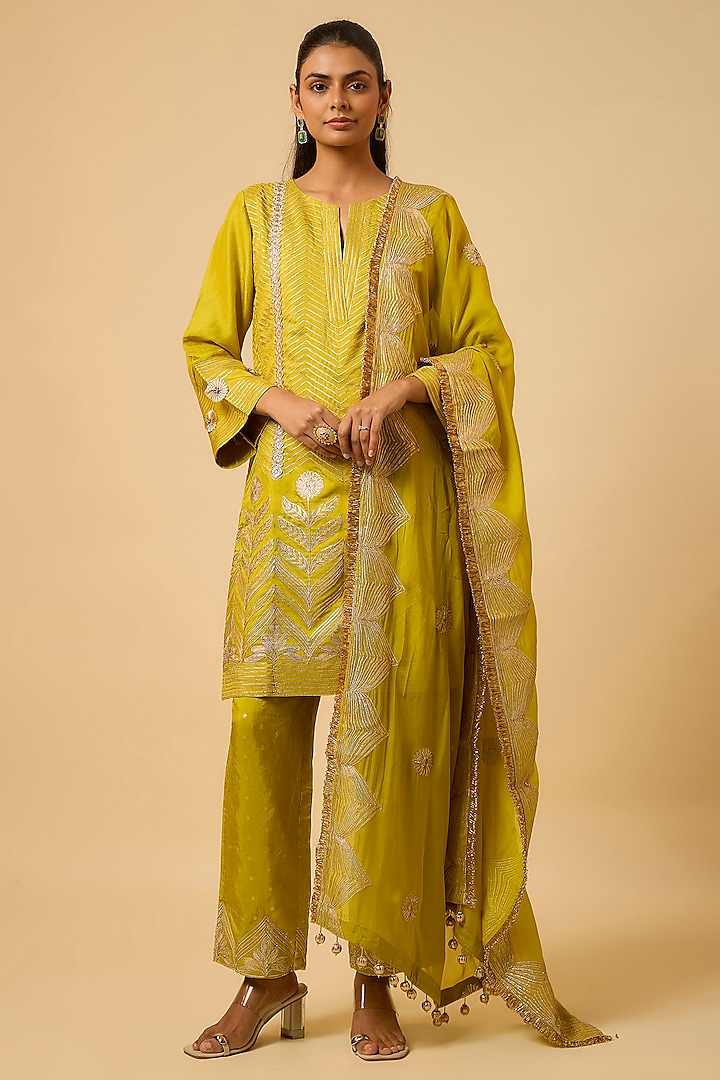 Mustard Yellow Silk Gota Embroidered Kurta Set by Monk & Mei at Pernia's Pop Up Shop