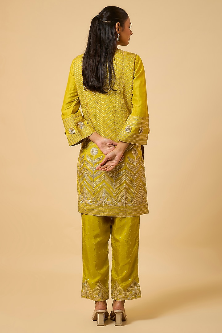 Mustard Yellow Silk Gota Embroidered Kurta Set by Monk & Mei at Pernia's Pop Up Shop