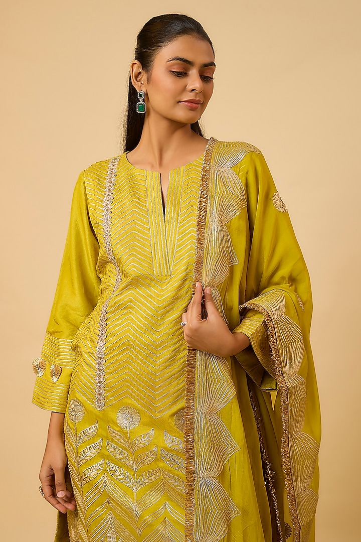 Mustard Yellow Silk Gota Embroidered Kurta Set by Monk & Mei at Pernia's Pop Up Shop