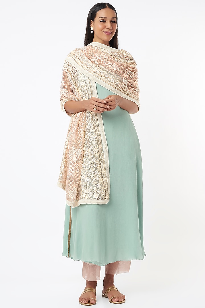 Blush Pink Embroidered Dupatta by Monk & Mei at Pernia's Pop Up Shop