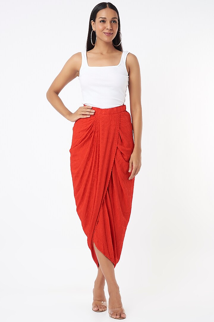 Red Embroidered Rayon Dhoti Skirt by Monk & Mei
