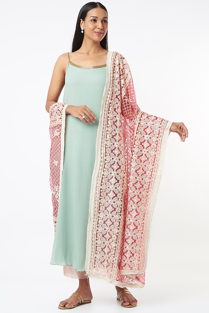 Blush Pink Embroidered Dupatta by Monk & Mei at Pernia's Pop Up Shop