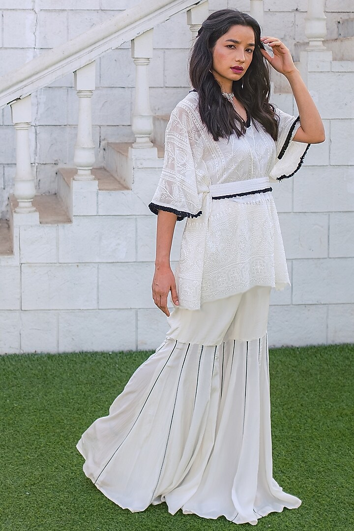 White Georgette Sharara Set by Monk & Mei at Pernia's Pop Up Shop