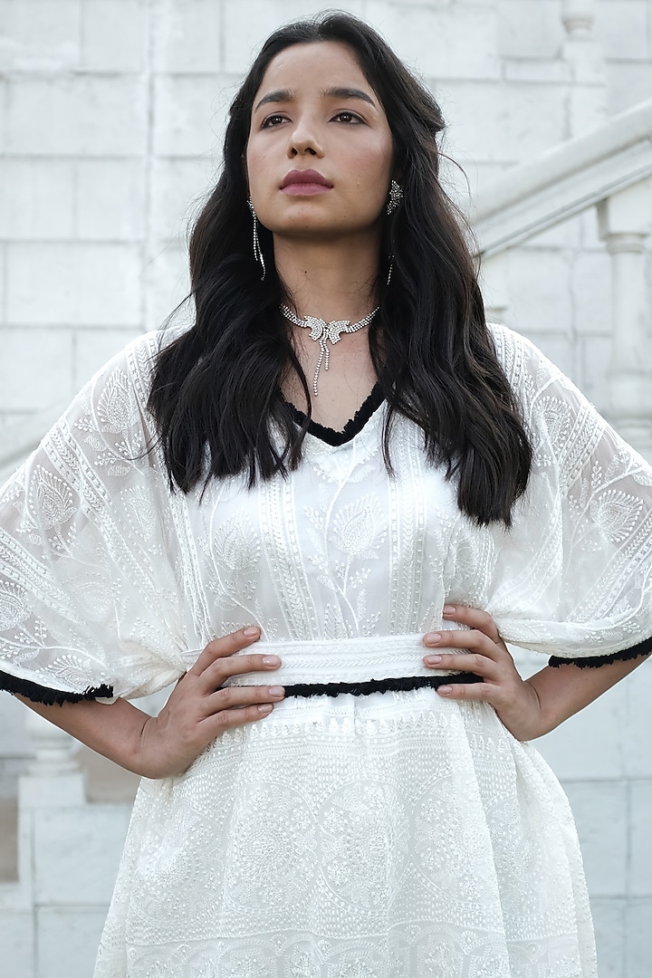White Georgette Sharara Set by Monk & Mei at Pernia's Pop Up Shop