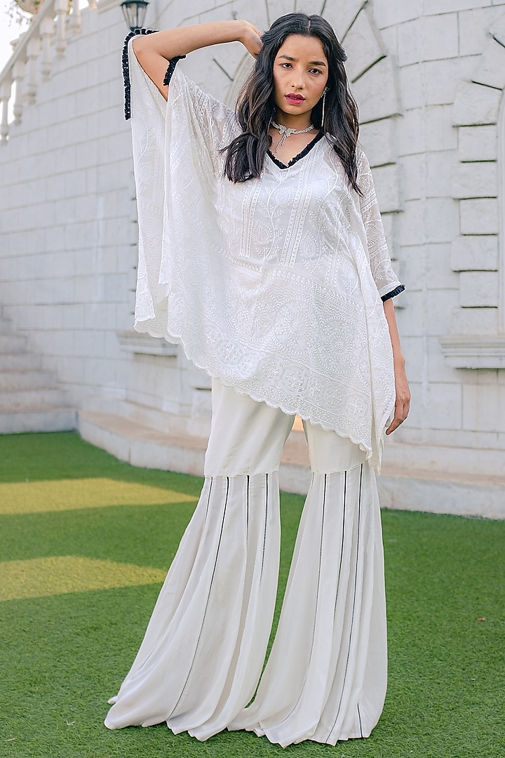 White Georgette Embroidered Kaftan by Monk & Mei