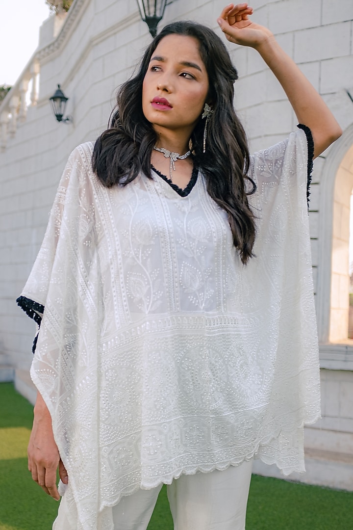 White Georgette Embroidered Kaftan by Monk & Mei at Pernia's Pop Up Shop