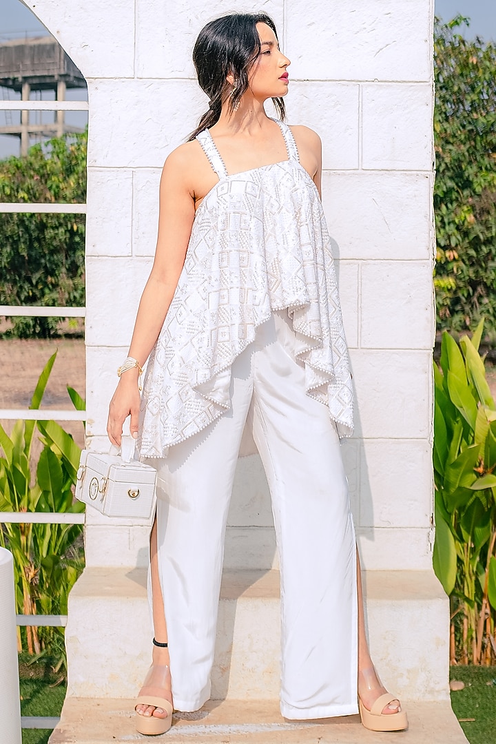 White Crepe Flared Pant Set by Monk & Mei at Pernia's Pop Up Shop
