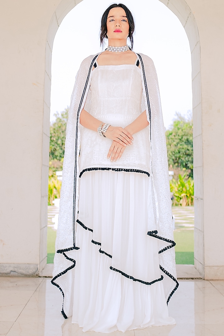 White Georgette High-Low Tasseled Lehenga Skirt by Monk & Mei