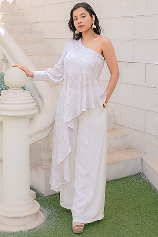 White Embellished Flared Pant Set by Monk & Mei