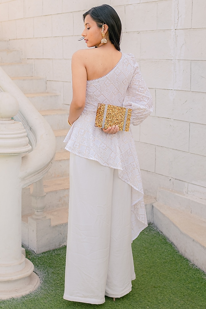 White Embellished Flared Pant Set by Monk & Mei at Pernia's Pop Up Shop