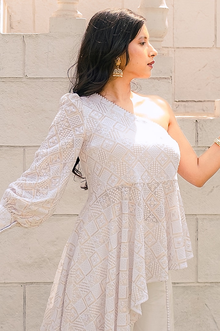 White Embellished Flared Pant Set by Monk & Mei at Pernia's Pop Up Shop