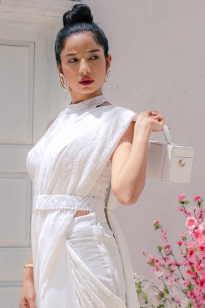 White Georgette Chikankari Embroidered Dhoti Festive Saree Set by Monk & Mei at Pernia's Pop Up Shop
