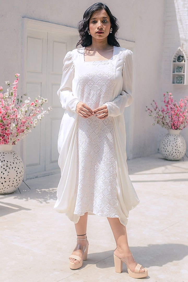 White Natural Crepe Cowl Dress by Monk & Mei