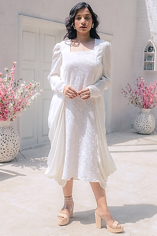 White Natural Crepe Cowl Dress by Monk & Mei