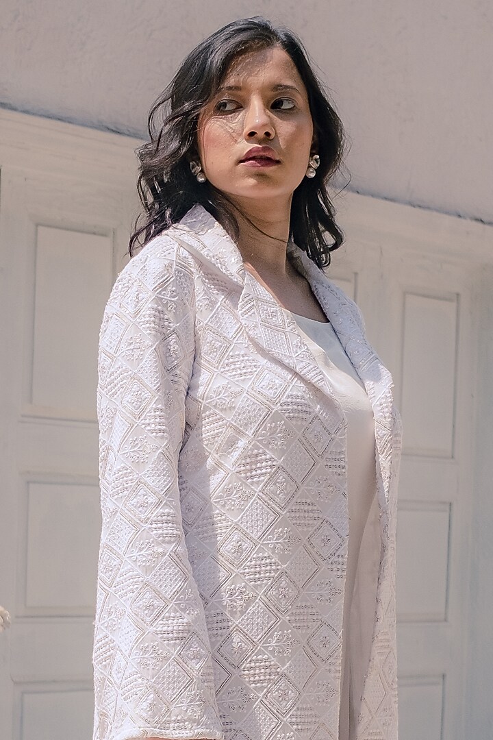 White Georgette Embellished Jacket by Monk & Mei at Pernia's Pop Up Shop