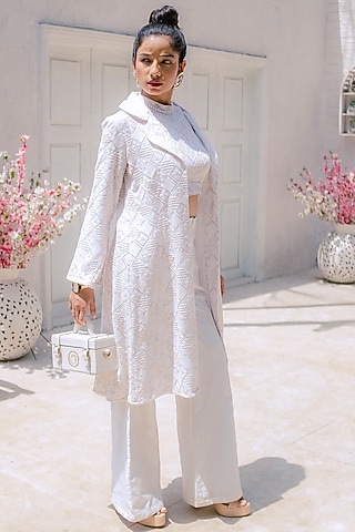 White Georgette Jacket Set by Monk & Mei