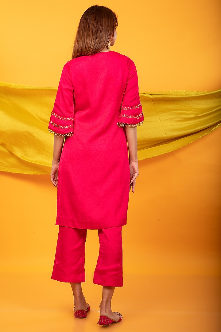 Pink Silk Blend Embroidered Lahori Kurta Set by Monk & Mei at Pernia's Pop Up Shop