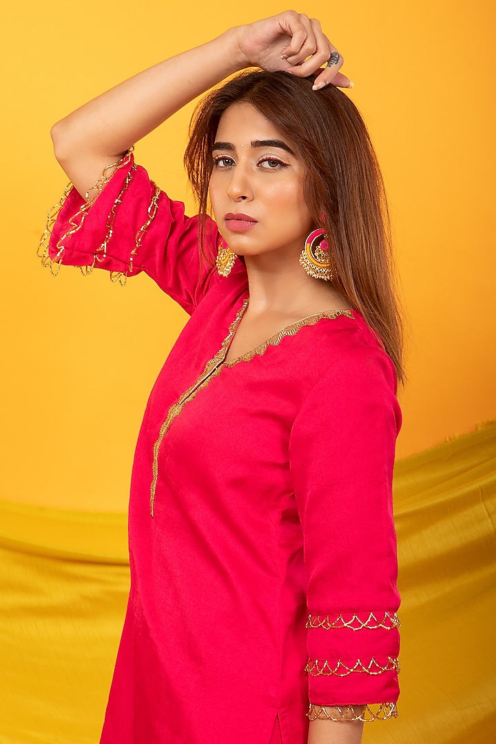 Pink Silk Blend Embroidered Lahori Kurta Set by Monk & Mei at Pernia's Pop Up Shop