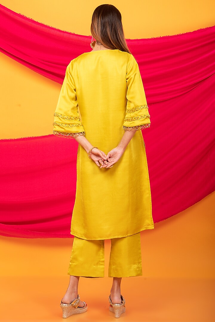 Canary Yellow Silk Blend Lahori Kurta Set by Monk & Mei at Pernia's Pop Up Shop