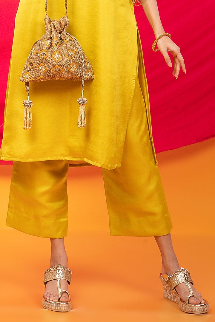 Canary Yellow Silk Blend Lahori Kurta Set by Monk & Mei at Pernia's Pop Up Shop