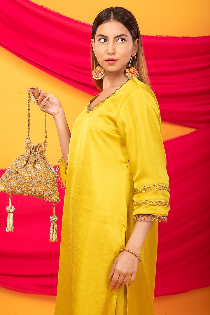 Canary Yellow Silk Blend Lahori Kurta Set by Monk & Mei at Pernia's Pop Up Shop