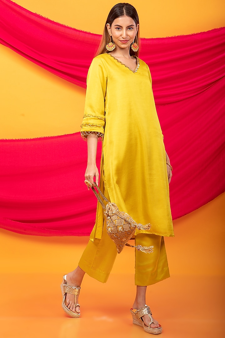 Canary Yellow Silk Blend Lahori Kurta Set by Monk & Mei at Pernia's Pop Up Shop