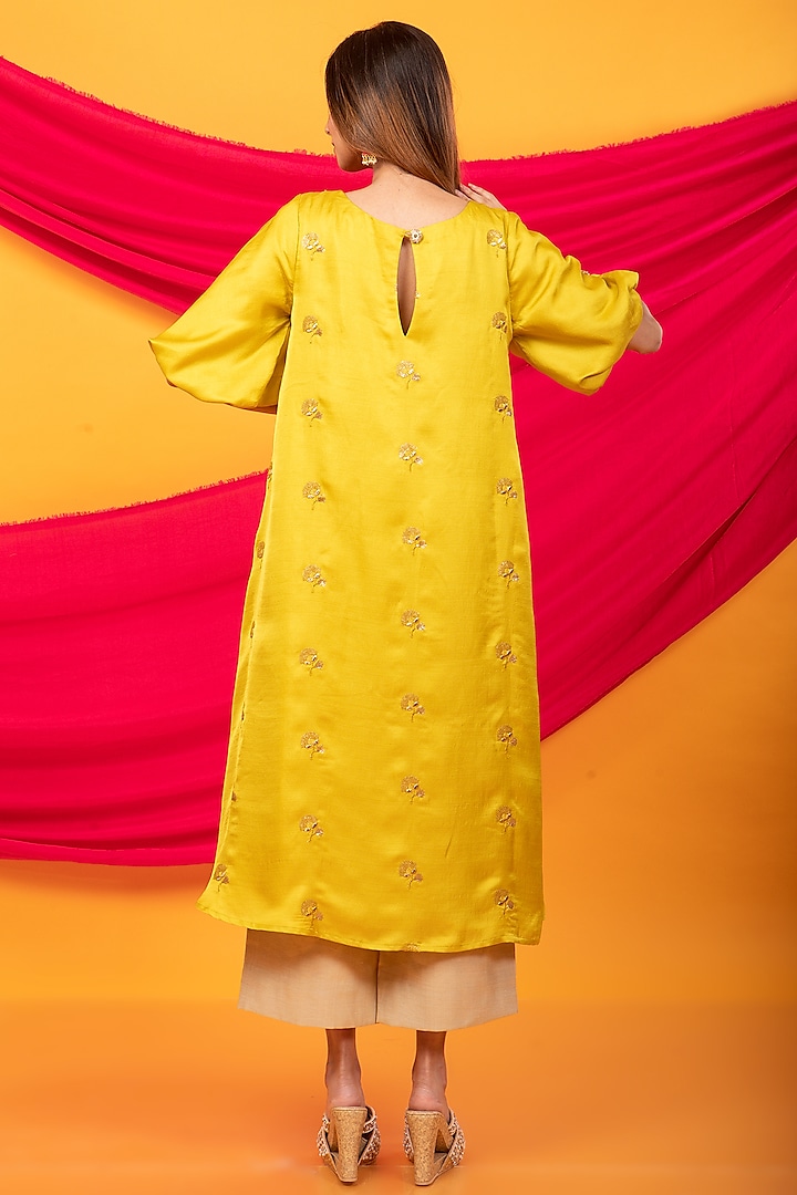 Canary Yellow Silk Blend Embroidered Kurta Set by Monk & Mei at Pernia's Pop Up Shop