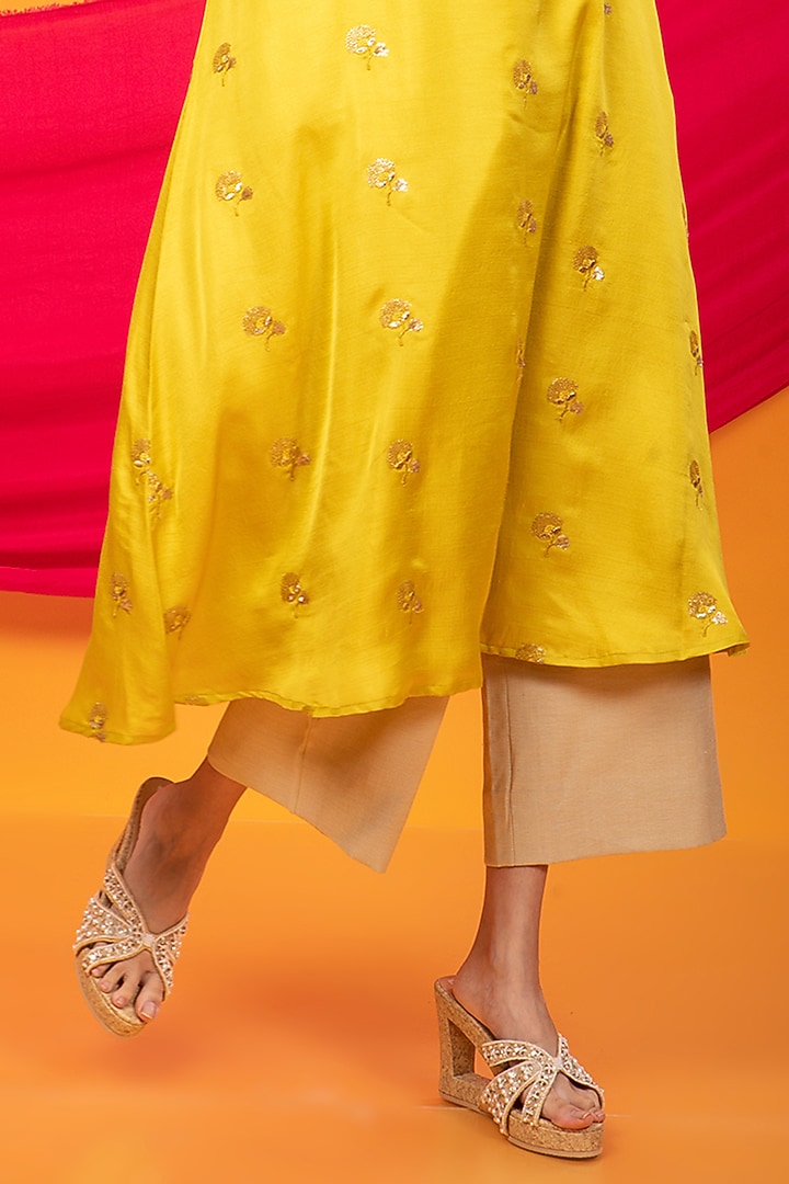 Canary Yellow Silk Blend Embroidered Kurta Set by Monk & Mei at Pernia's Pop Up Shop