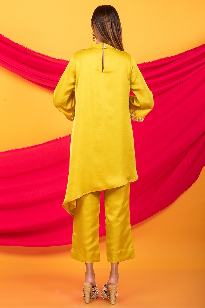 Canary Yellow Silk Blend Asymmetrical Kurta Set by Monk & Mei at Pernia's Pop Up Shop