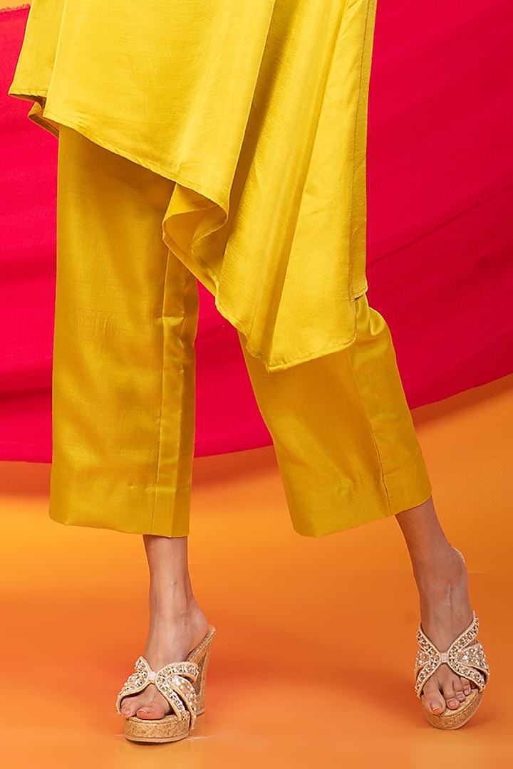Canary Yellow Silk Blend Asymmetrical Kurta Set by Monk & Mei at Pernia's Pop Up Shop