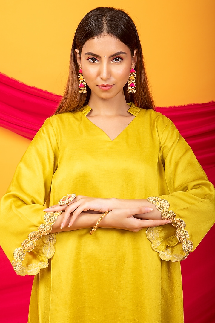 Canary Yellow Silk Blend Asymmetrical Kurta Set by Monk & Mei at Pernia's Pop Up Shop