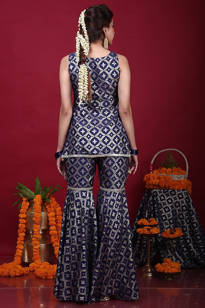Deep Blue Brocade Party Wear Sharara Set by Monk & Mei at Pernia's Pop Up Shop