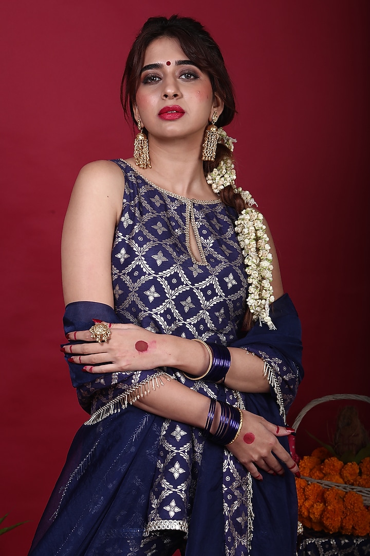 Deep Blue Brocade Party Wear Sharara Set by Monk & Mei at Pernia's Pop Up Shop