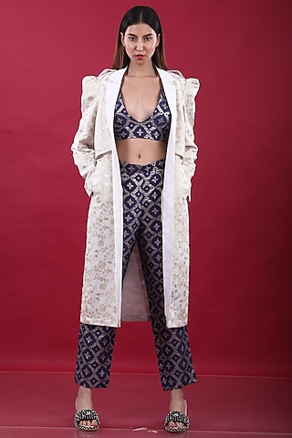 White Banarasi Trench Coat Set by Monk & Mei